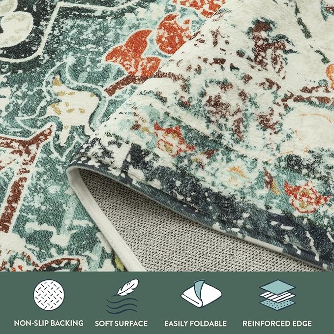 Lahome Bohemian Floral 2'8" x 8' Washable Hallway Runner Rug, Non Slip Kitchen Carpet Runners, Turkish Soft Pet Friendly Stair Mat for Bathroom Laundry Room Sunroom, Teal