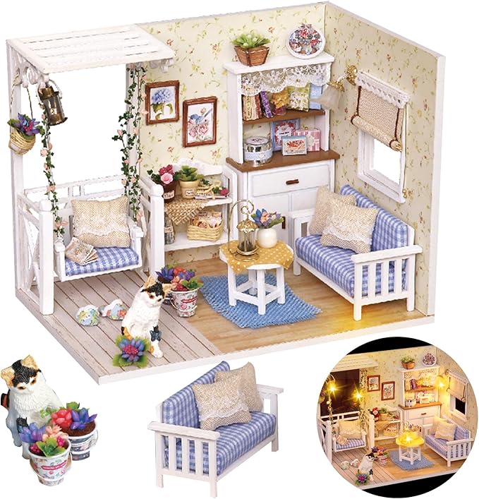 DIY Miniature House Kit – Mini Doll House Model Tiny Home Build Dollhouse Diorama Craft Kit with LED Dust Cover for Beginners Christmas Halloween Holiday Birthday Gift for Adult(Cat Room)