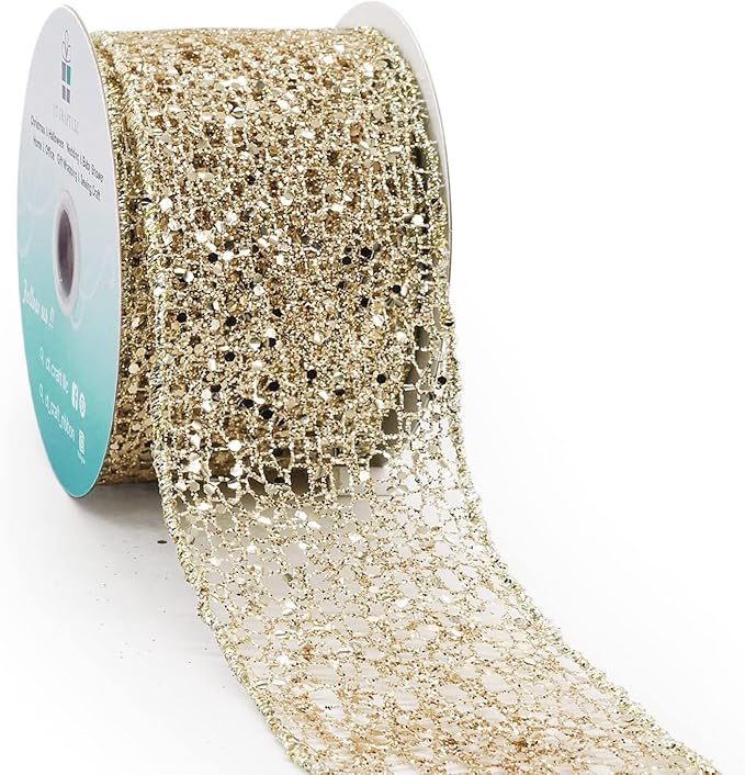 CT CRAFT LLC Sparkling Glitter Mesh Wired Ribbon 2.5" x 10 Yards Champagne Gold for Christmas Home Decor Bow Gift Wrapping DIY Crafts Wreath