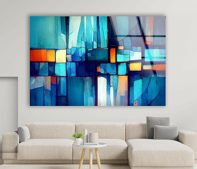My Photostation.com 48Wx32H'' Blue Vibrant Stained Glass Wall ArtTempered Glass Printing Wall Decor Large Wall Art Wall Hangings