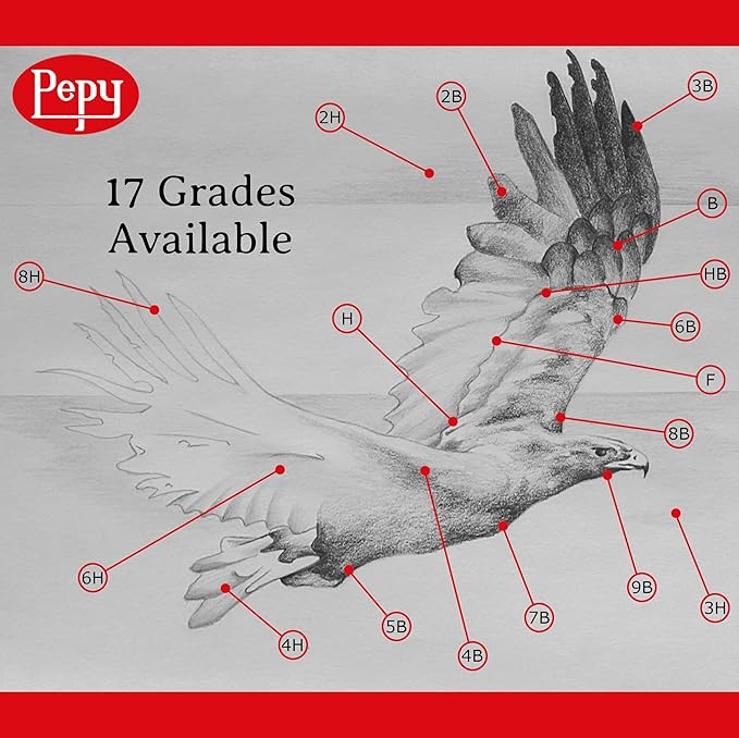 Pepy Graphite Professional Drawing Pencils - Set of 12 HB Pre-Sharpened Black Lead Pencils; Perfect for Drawing, Sketching and Shading, Graphic and Fine Art