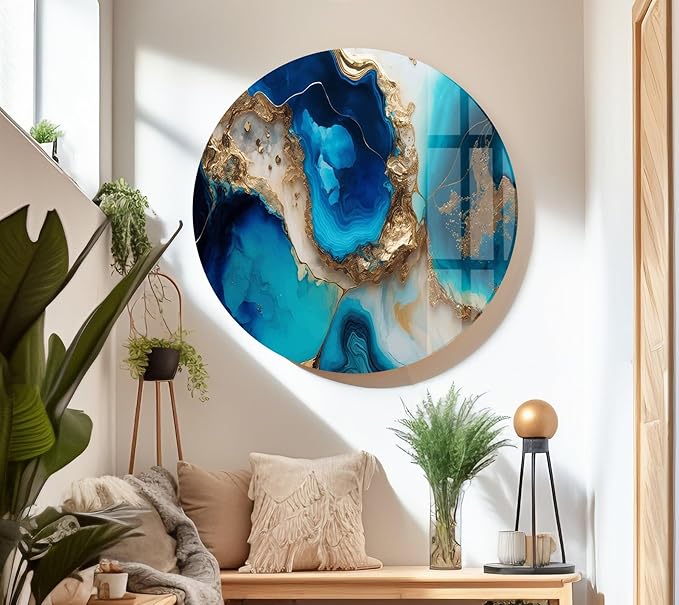 My Photostation.com 60WX40H'' Blue Alcohol ink Glass Wall ArtTempered Glass Printing Wall Decor Large Wall Art Wall Hangings