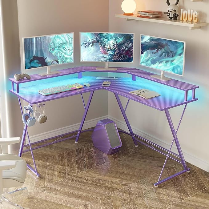 SEVEN WARRIOR Gaming Desk 50.4” with LED Light & Power Outlets, L-Shaped Gaming Desk Carbon Fiber Surface with Monitor Stand, Ergonomic Gamer Table with Headphone Hook, Purple