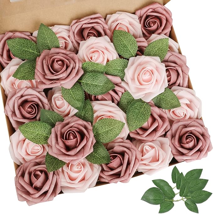 AmyHomie Artificial Flower Warm Taupe & Nude Rose 25pcs Real Looking Fake Roses w/Stem for DIY Wedding Bouquets Centerpieces Arrangements Party Baby Shower Home Decorations