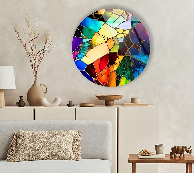 My Photostation.com 10''(25cm) Diameter Multicolor Round Stained Glass Wall Art Vibrant Mosaic Abstract Panel Tempered Glass Printing Wall Decor Large Wall Art Wall Hangings