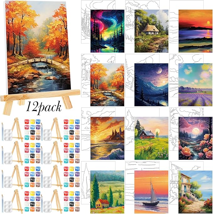 Zhanmai 12 Pack Pre Drawn Canvas for Painting Sip and Paint Kit 8" x 10" Paint Party Set Canvas Painting Pre Printed Canvases for Party Favor DIY Virtual Adult's Date Night(Natural Scenery)
