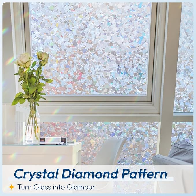 rabbitgoo Rainbow Window Privacy Film Decorative Stained Glass Diamond Pattern Window Sticker with Iridescent Tint Non-Adhesive Static Cling for Home Office Crystal Pattern, 35.4 x 157.4 inch