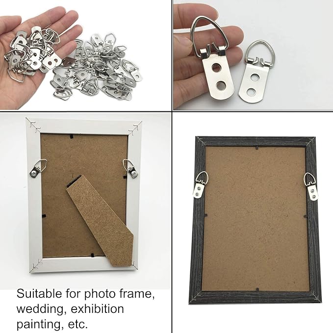 70 Pack D-Ring Steel Picture Hangers Heavy Duty with Screws Picture Frames Double Holes Clasp Picture Hang Solutions, for Hanging Clock Paintings Artwork Picture Frame Hook Photos Mirrors
