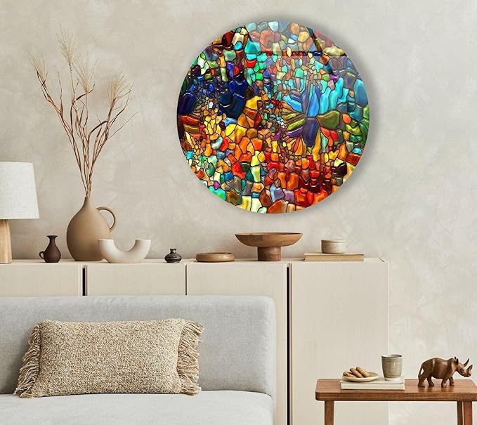 My Photostation.com 39,4''(100cm) Diameter Red Mosaic Round Glass Wall Art Tempered Glass Printing Wall Decor Large Wall Art Wall Hangings
