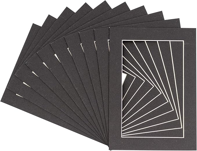 Pack of 25 Acid Free 8x10 Mats Bevel Cut for 5.5x8.5 Photos - Textured Black Precut Matboards With Backing Boards and Clear Photo Mat Bags For Pictures, Photos, Framing - 4-ply Thickness