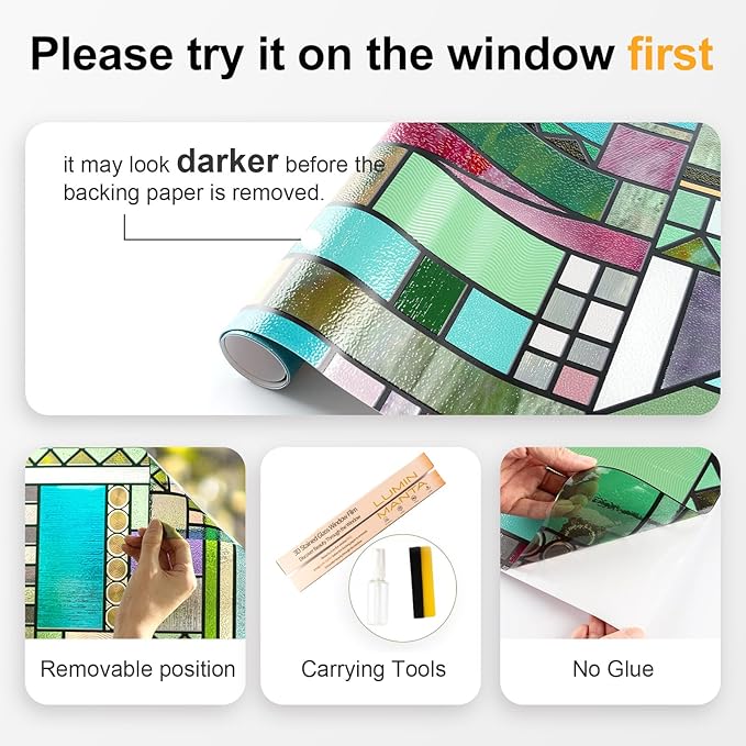 3D Stained Glass Window Privacy Film, Heat Control UV Blocking Static Cling Decorative Window Film for Bathroom,Front Door,Home Non Adhesive,Colorblock 35.4 x 78.7 inches