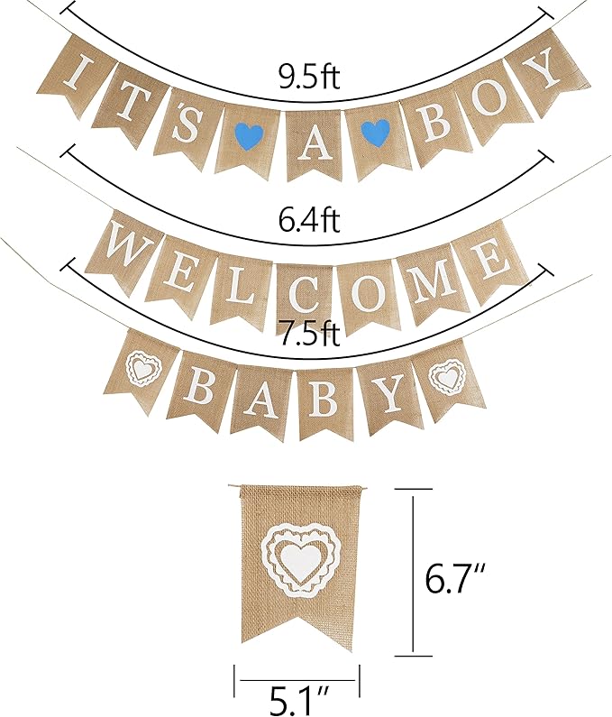 MEEDEE Welcome Baby Banner - It's A Boy Burlap Shower Decorations, Rustic Hanging Bunting for Safari Theme, 3 Pieces