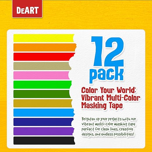 DEART Masking Tape 8 or 12 Pack 1 inch Colored Painters Tape for Arts & Crafts Labeling or Coding, Kids Art Supplies Color Tape Rolls, Craft Tapes Colorful Masking Tape (12)