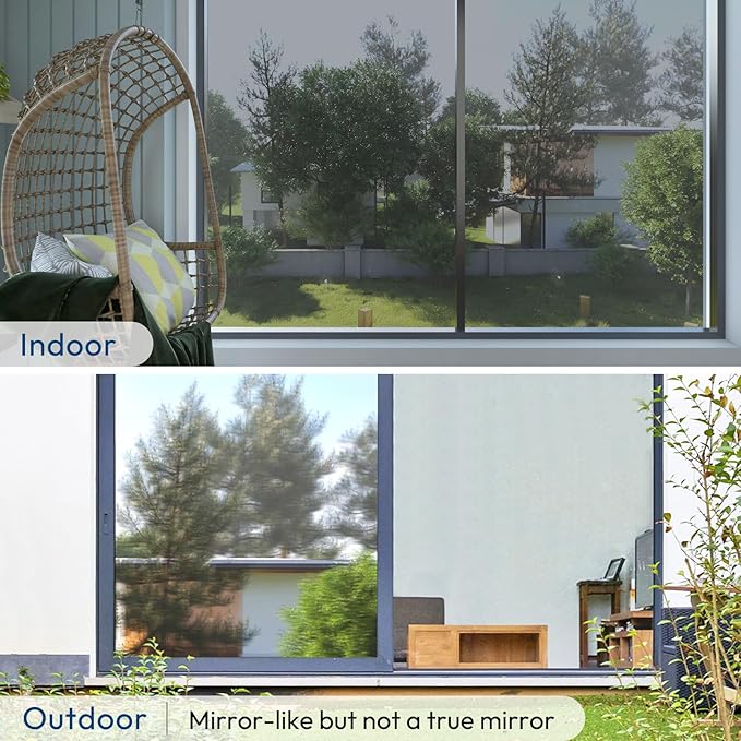 rabbitgoo Window Privacy Film One Way Window Tint for Home, Removable Reflective Heat Sun Blocking Anti UV Glass Door Covering, Mirror Tinting Film House Office, 35.4 in X 13.1 Feet, Silver