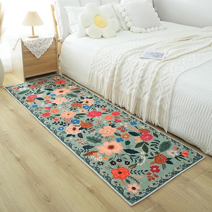 Rugcomf Runner Rug for Hallways Kitchen Rug Non Slip 2'x 6' Washable Rugs with Rubber Backing Soft Floral Carpet Runner for Hallways, Kitchen, Laundry, Bedroom, Bathroom(Green)