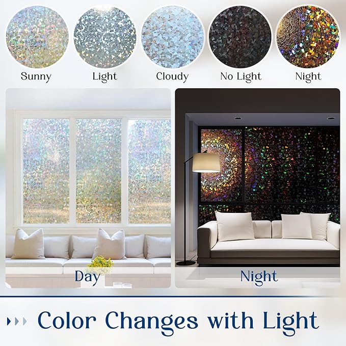 Haton Window Privacy Film, Rainbow Stained Glass Window Clings, 3D Decorative UV Sun Blocking Sticker, Removable Static Cling Heat Control Tint for Home Door, 17.5" x 157.4" Non-Adhesive