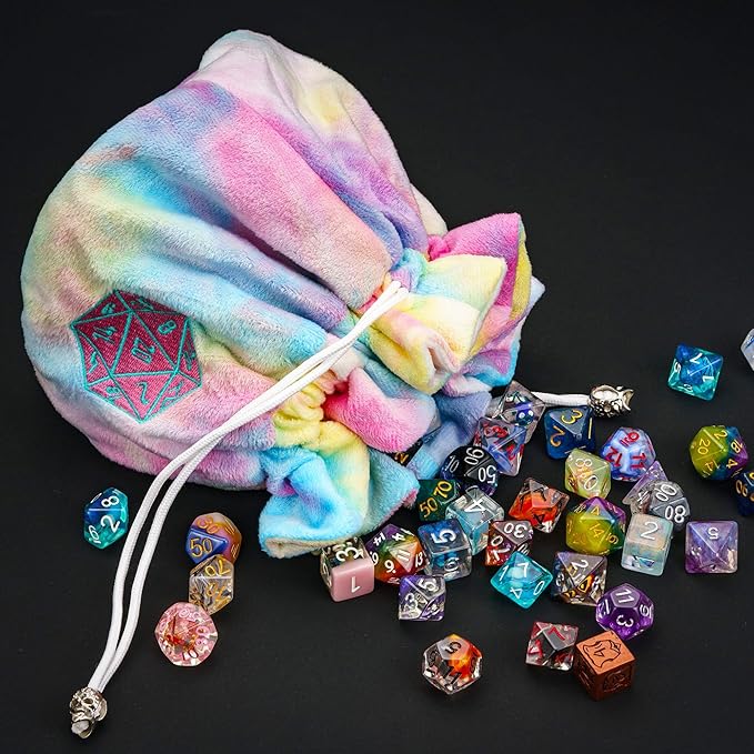 Large Dice Bags with Pockets Rainbow Storage Bag D20 Logo for DND RPG Game Dices (with 1lb Random DND Dice)
