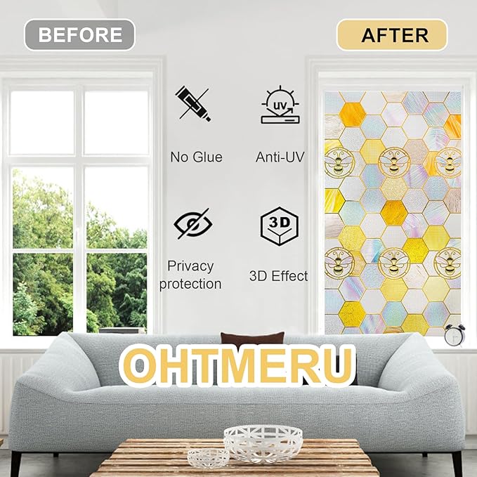 3D Stained Glass Window Privacy Film, Heat Control UV Blocking Static Cling Decorative Window Film for Bathroom,Front Door,Home Non Adhesive,35.4 x 78.7 inches Honey