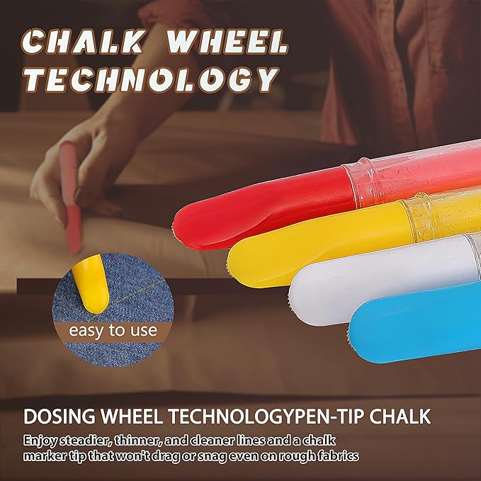 Fabric Chalk Markers for Sewing,Quilting,Crafting|Erasable Tailor’s Chalk|Work on Various Fabrics|Dosing Wheel Drawing Intricate Patterns Precise Lines-Per Pack(Blue,White and 1 Ruler)