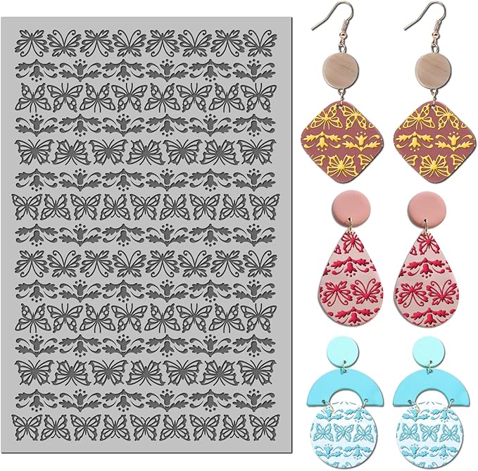 Arbuya Butterflies Polymer Clay Texture Mat - Butterfly Borders Texture Sheet for Polymer Clay Jewelry Making, Earring Charms, DIY Craft Supplies