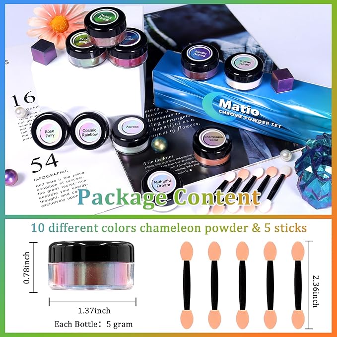 Matio Chameleon Mica Powder,10 * 5g Chrome Powder, 5 Pearlescent Effect Color Shift Pigment & 5 Chameleon White Mica Pigment Set for Epoxy Resin,Soap Candle,Nail Art,Makeup,Bath Bombs, Painting, Slime