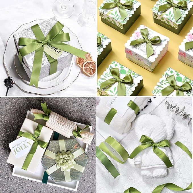 1" x 100 Yards Olive Green Polyester Satin Ribbon Single Faced Bulk Fabric Ribbons for Gift Wrapping, Crafting, Bows Making, Flower Bouquet, Wedding, Home Decor