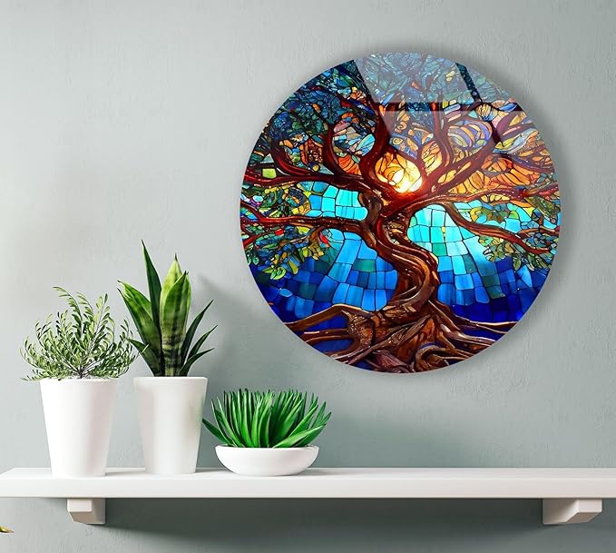 My Photostation.com Round 24'' Stained Blue Life of Tree Glass Wall ArtTempered Glass Printing Wall Decor Large Wall Art Wall Hangings
