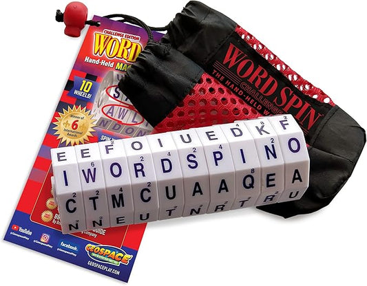 Geospace The Original Handheld Magnetic Spin Game, Take-Along Travel Edition with Storage Pouch (Challenge Word Spin with 10 Magnetic Wheels)