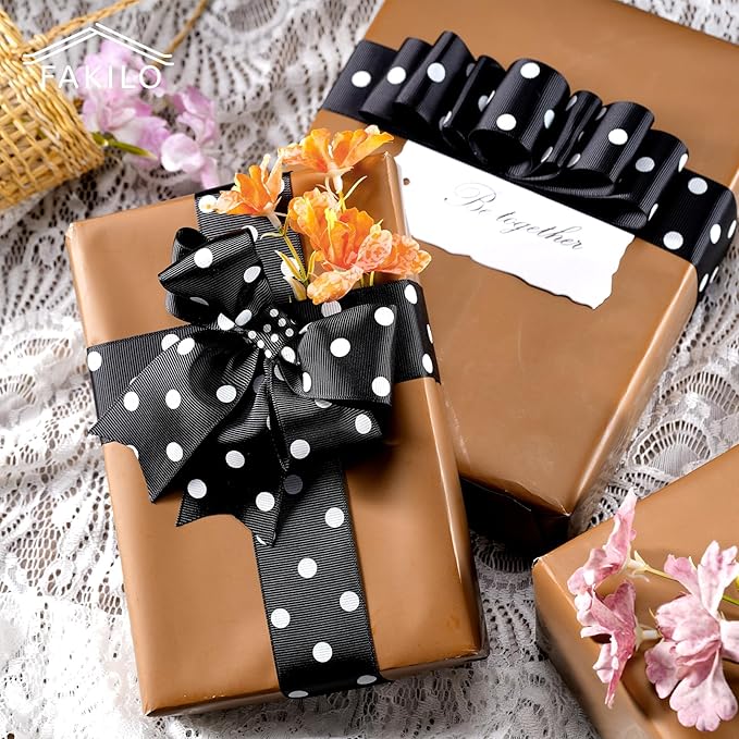 Polka Dot Grosgrain Ribbon 1.5 Inch, 25 Yards Spool Black and White Dot Craft Ribbon for Christmas Gift Wrapping DIY Crafts Hair Bows Wedding Party Decor Sewing and Home Decoration