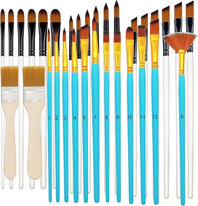 32 pcs Paint Brushes Set for Acrylic Painting,Watercolor,Oil，Inks，Gouache，Crafts, Brush Tip with Flat，Round, Angle，Filbert,Fan, Detail Brushes，Paint Brush Set for Artists and Beginners