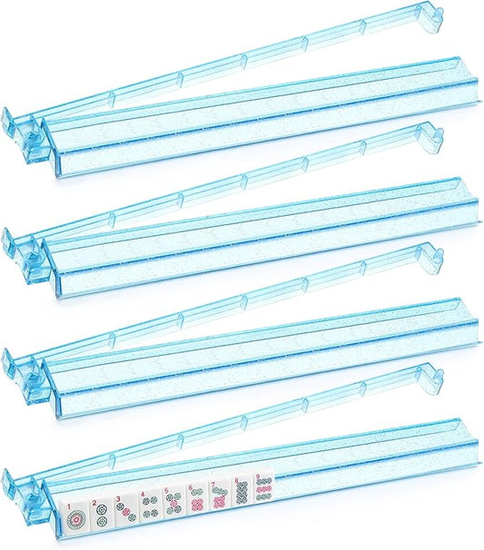 Mahjong Racks with Pushers Set of 4, Mahjong Tile Pushers and Racks, Acrylic Majiang Tile Holders Accessories (Bling Blue)