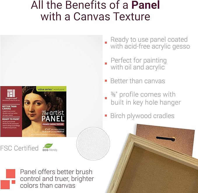 Ampersand Art Supply Wood Gesso Art Painting Panel: Canvas Texture, 1.5 Inch Cradle, 8" x 10"