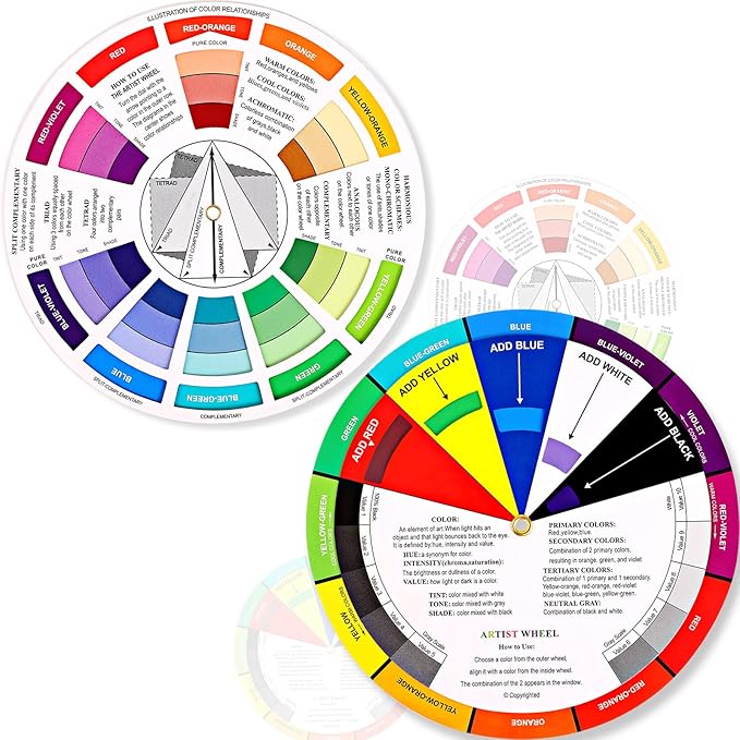 Outus 2 Pcs Color Wheel, Paint Mixing Learning Guide Art Teaching Tool Color Wheels for Makeup Blending Board Chart Mixed Guide Mix Colours(9.06 Inch/ 23 cm)