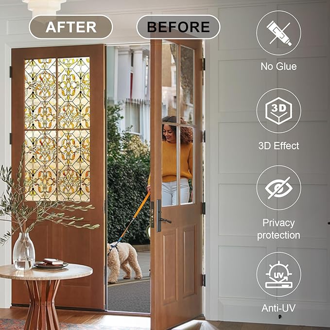 3D Stained Glass Window Privacy Film, Heat Control UV Blocking Static Cling Decorative Window Film for Bathroom,Front Door,Home Non Adhesive,GiltGaze 23.6 x 35.4 inches