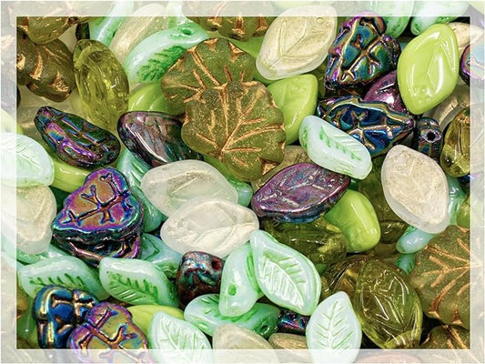1.4oz (40g) Summer Mix of Small Czech Glass Leaf Beads, Hand Made Set Kit, Leaves 01