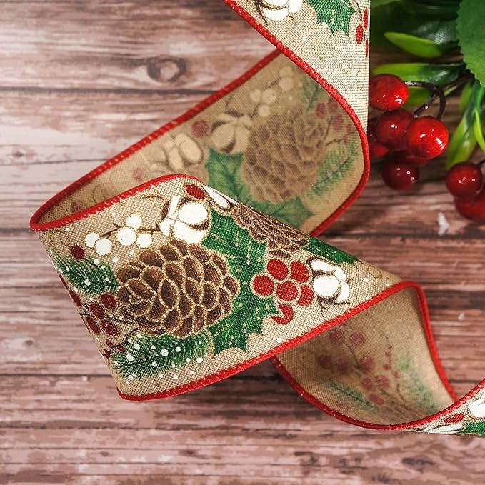 CT CRAFT LLC Tan Faux Jute Burlap with Pinecones Wired Ribbon 2.5 Inch x 10 Yards for Christmas Home Decor Tree Topper Bow Gift Wrapping DIY Crafts Wreath Garland