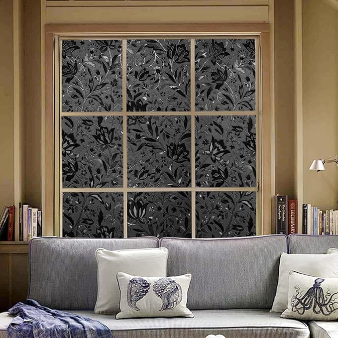 LEMON CLOUD Total Blackout Window Film Privacy Static Cling Frosted Black Window Covering 100% Opaque Film Tint Darkening Removable Film for High Privacy，(Blackout Tulip Design,35.4 x118.1 inches)