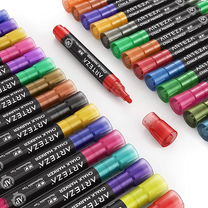ARTEZA Liquid Chalk Markers, 42 Colors Pack with 50 Chalkboard Labels, Fine Tip Chalk Pens for Blackboard, Whiteboard, Windows, Mirrors, Glass
