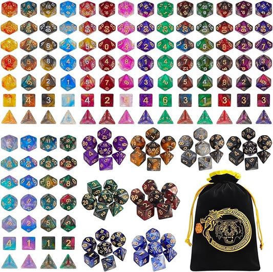 CiaraQ DND Dice Sets - 26 X 7 Polyhedral Dice (182pcs) with a Large Drawstring Bag for Dungeons and Dragons, Role Playing Table Game. Multiple Colors, Glitter Swirl Design with Gold Numbers.