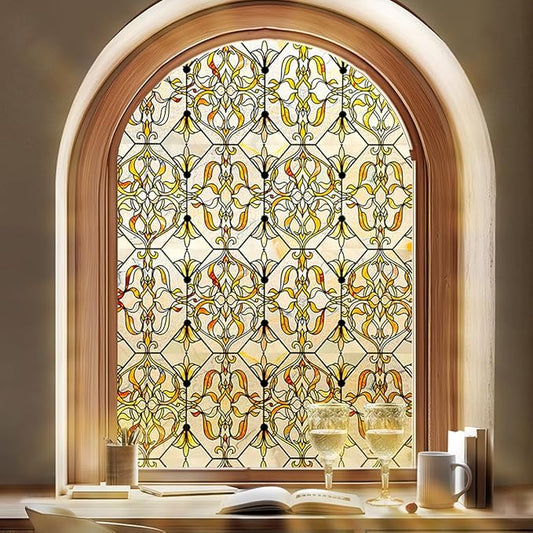 3D Stained Glass Window Privacy Film, Heat Control UV Blocking Static Cling Decorative Window Film for Bathroom,Front Door,Home Non Adhesive 35.4 x 78.7 inches Golden Filigree