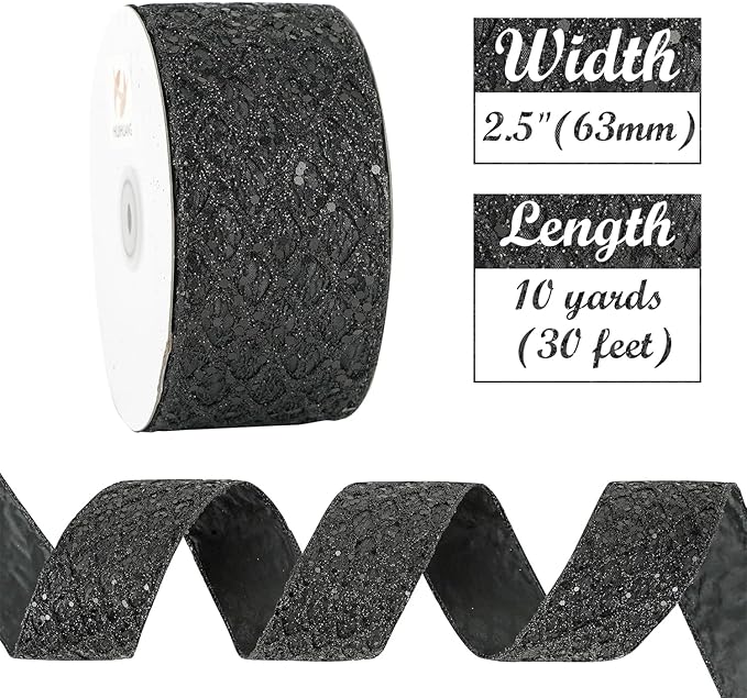 HUIHUANG Glitter Black Wired Ribbon for Christmas Tree 2.5 inch Black Diamond Mesh Wire Ribbon for Tree Decoration, Wreaths, Garland, Gift Wrapping, Bows Making, Halloween Decor -10 Yards