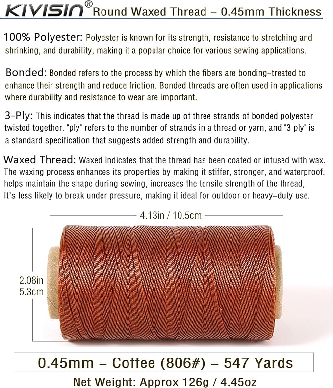 Thin Wax Polyester Thread, 0.45mm, 547 Yards, 3 Ply Round Waxed Cord Strings for Sewing, Beading, Binding, Micro Braiding, Fine Leather Craft and Micro Macrame Jewelry - Copper Color