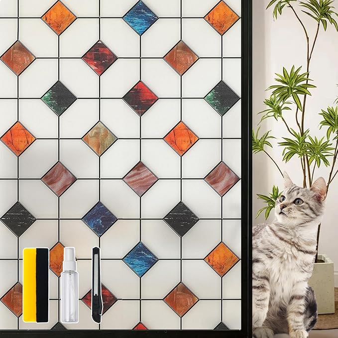 DKTIE Stained Glass Window Film Geometric Patterns, Fine Frosted Window Clings for Glass Windows, Waterproof for Bathroom Window Privacy Film Day and Night (S533, 17.7in X 118.1in)