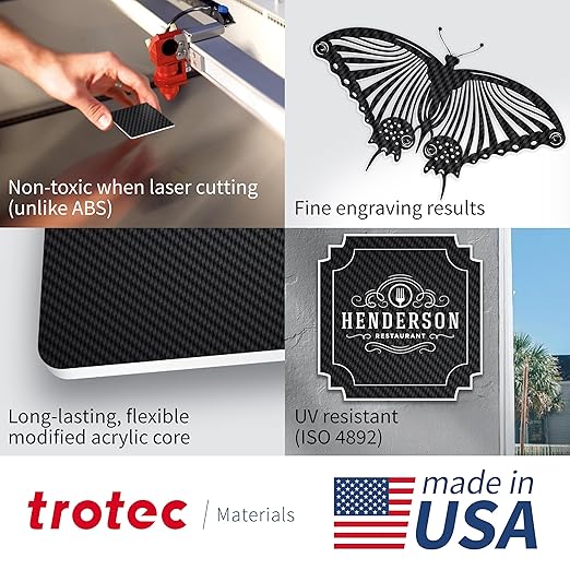 Trotec TroLase | 12"x12"x1/16", 8 Pcs | Carbon/White | 2 Ply | Modified Acrylic | Laser Engraving Double Color Plastic Sheet | Engraving Blanks for Laser, Saw, Guillotine | Made in USA