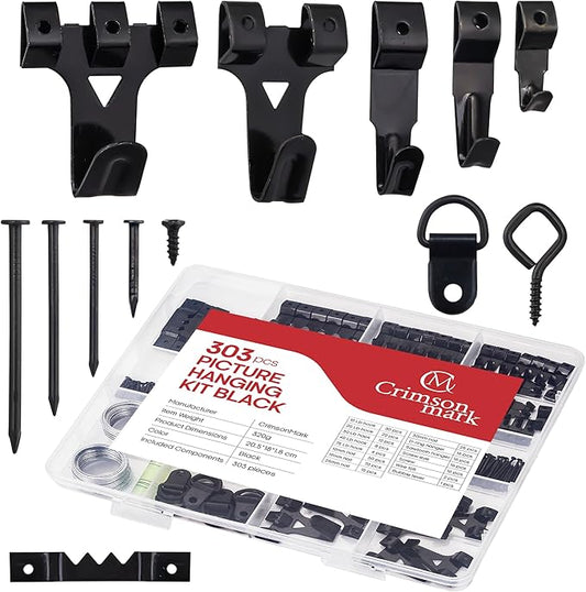303-Piece Picture Hanging Assortment, Heavy Duty Hooks, Nails, Sawtooth, D-Rings, Wire, Level, and Metal Wall Hooks for Picture Framing and Canvas Mounting (Black)