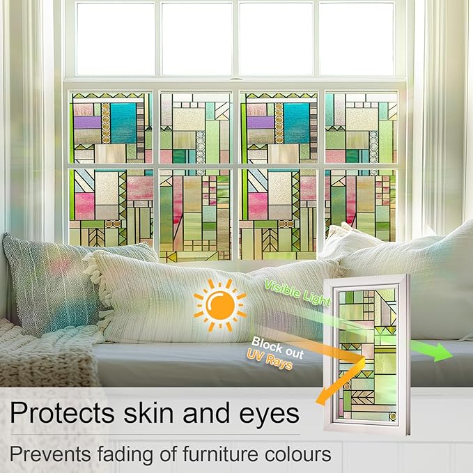 3D Stained Glass Window Privacy Film, Heat Control UV Blocking Static Cling Decorative Window Film for Bathroom,Front Door,Home Non Adhesive 16.9 x 78.7 inches Colorful Abstraction