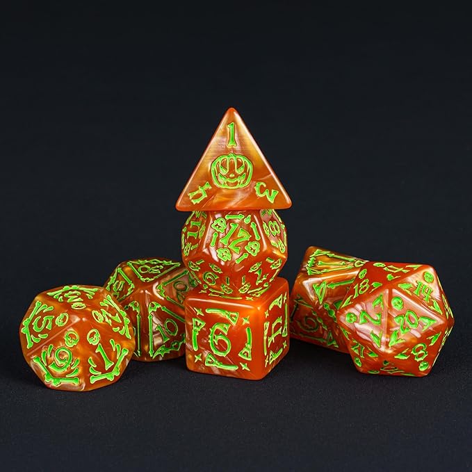 7-Die DND Dice Set Halloween Pattern Polyhedral Die Set with Leather Bag, Skull Dice D&D Die for RPG Table Games(Halloween Pattern-Orange/Green Number)