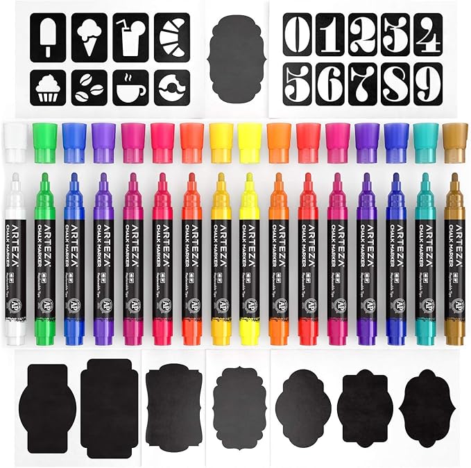 ARTEZA Liquid Chalk Markers, Set of 16 Bright Colors, Chalkboard Pens for Blackboard, Whiteboard, Windows, Mirrors, Glass, Restaurant Menu, Signs.