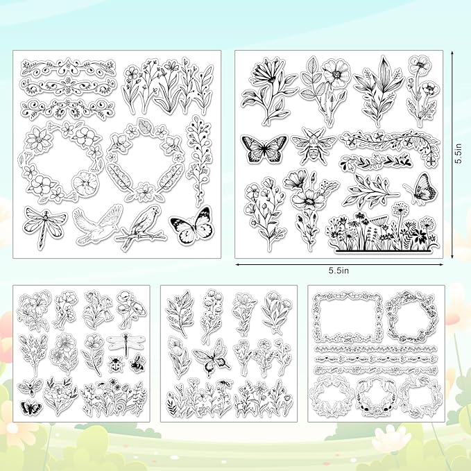 Whaline 5 Sheets Wildflower Clear Stamps Floral Leaves Butterfly Silicone Transparent Stamps for DIY Craft Card Making Scrapbooking Embossing Album Decor