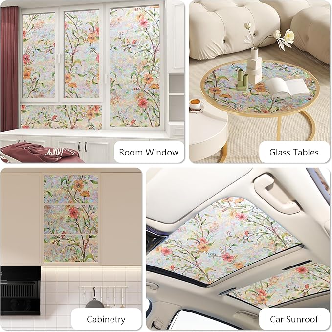 NINETREX Window Privacy Film,Stained Glass Window Film,Rainbow Decorative Stickers Static Cling Anti UV Heat Control for Home Decor (Galsang Flower,23.6 x 78.7inch)